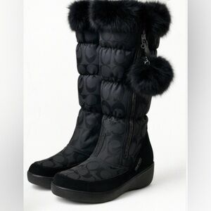 Coach Black Signature Theona Jacquard Winter boots with Fur Trim and Pom Poms
